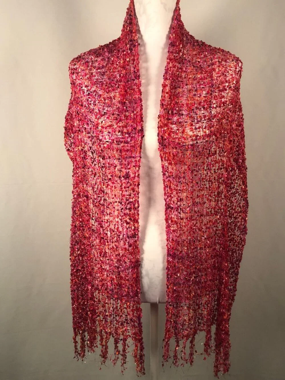 Vintage Textured Fringe Scarf – Red Pink Multi Knit | Soft Luxe Wrap